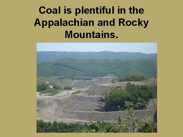 Coal is plentiful in the Appalachian and Rocky Mountains. 