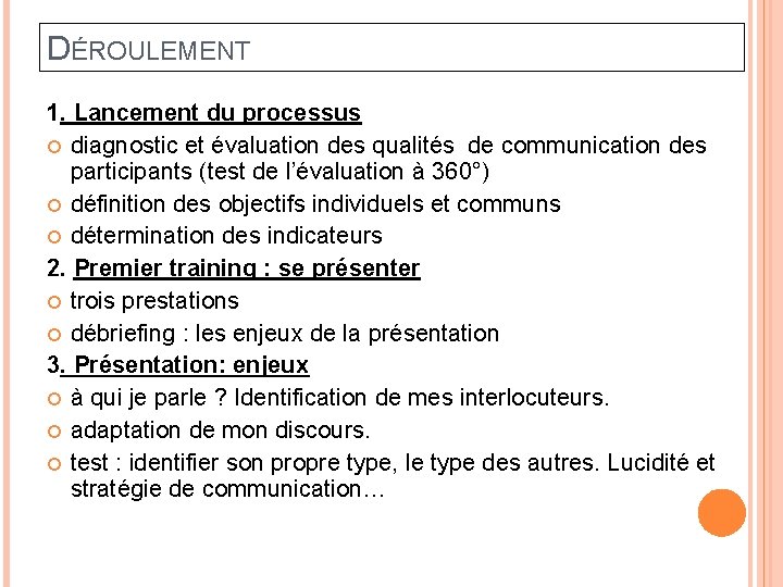 DÉROULEMENT 1. Lancement du processus diagnostic et évaluation des qualités de communication des participants