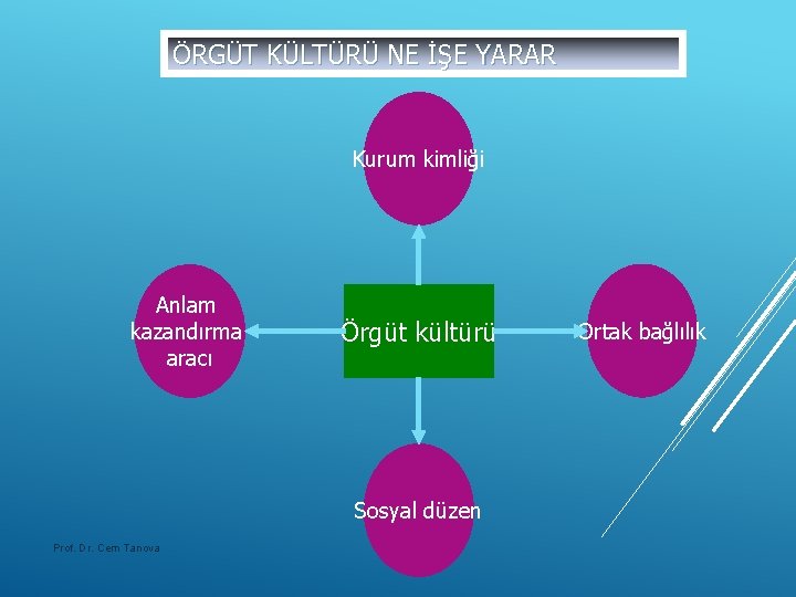 ÖRGÜT KÜLTÜRÜ NE İŞE YARAR Kurum kimliği Anlam kazandırma aracı Örgüt kültürü Sosyal düzen