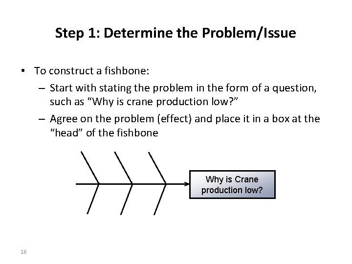 Step 1: Determine the Problem/Issue • To construct a fishbone: – Start with stating