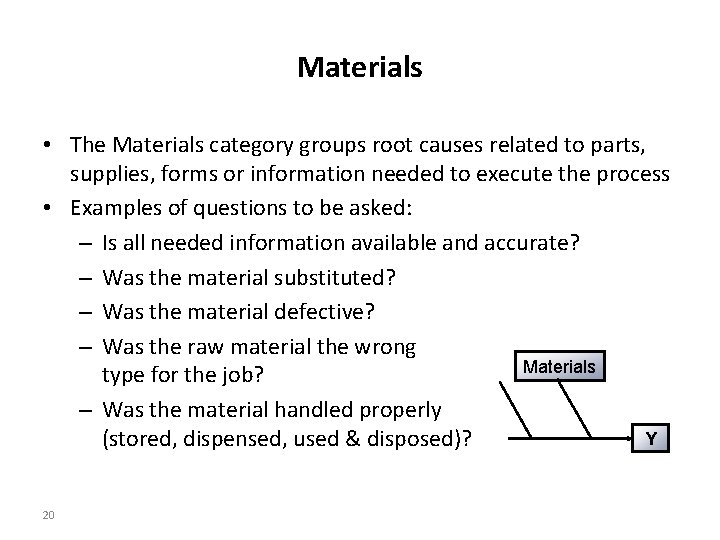 Materials • The Materials category groups root causes related to parts, supplies, forms or