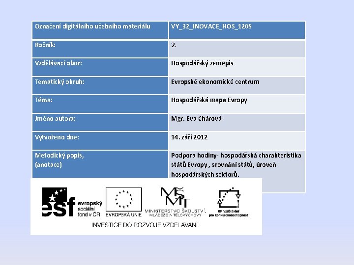Označení digitálního učebního materiálu VY_32_INOVACE_HOS_1205 Ročník: 2. Vzdělávací obor: Hospodářský zeměpis Tematický okruh: Evropské