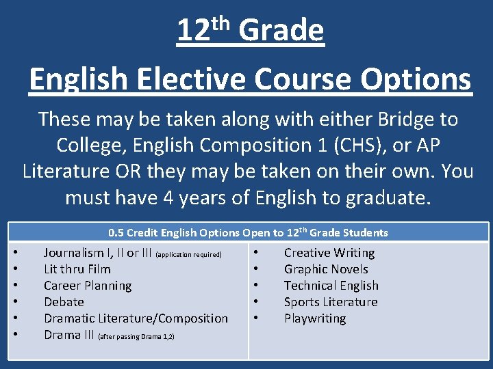 12 th Grade English Elective Course Options These may be taken along with either