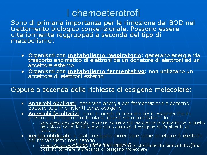 I chemoeterotrofi Sono di primaria importanza per la rimozione del BOD nel trattamento biologico