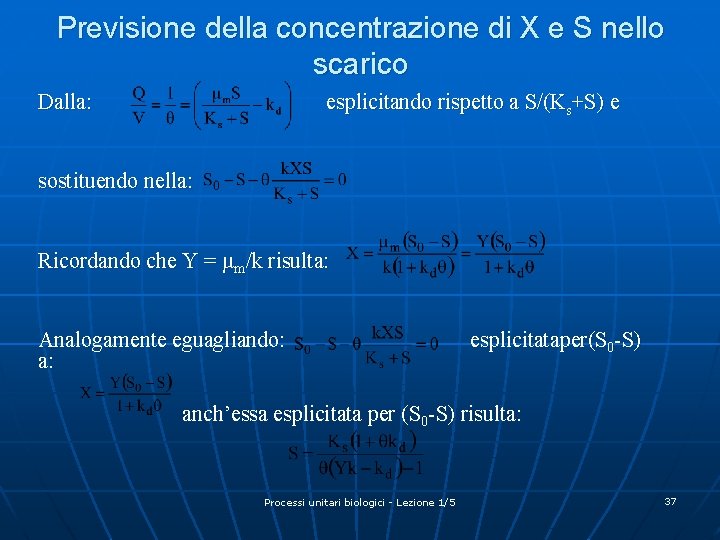 Previsione della concentrazione di X e S nello scarico Dalla: esplicitando rispetto a S/(Ks+S)