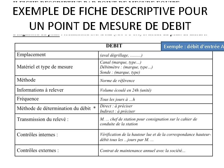 EXEMPLE DE FICHE DESCRIPTIVE POUR UN POINT DE MESURE DE DEBIT Exemple : débit