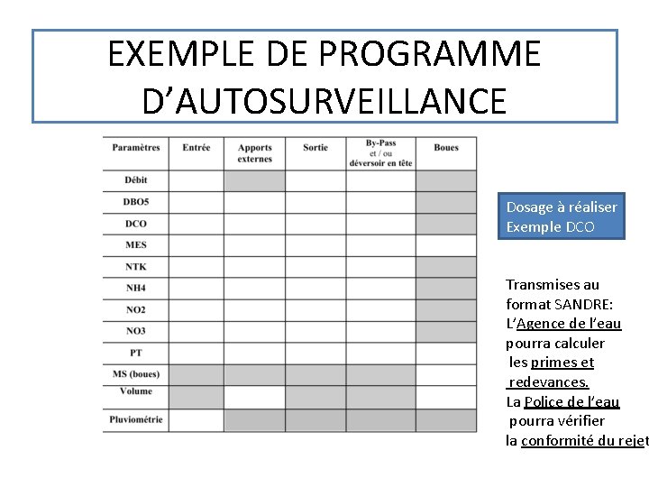 EXEMPLE DE PROGRAMME D’AUTOSURVEILLANCE Dosage à réaliser Exemple DCO Transmises au format SANDRE: L’Agence