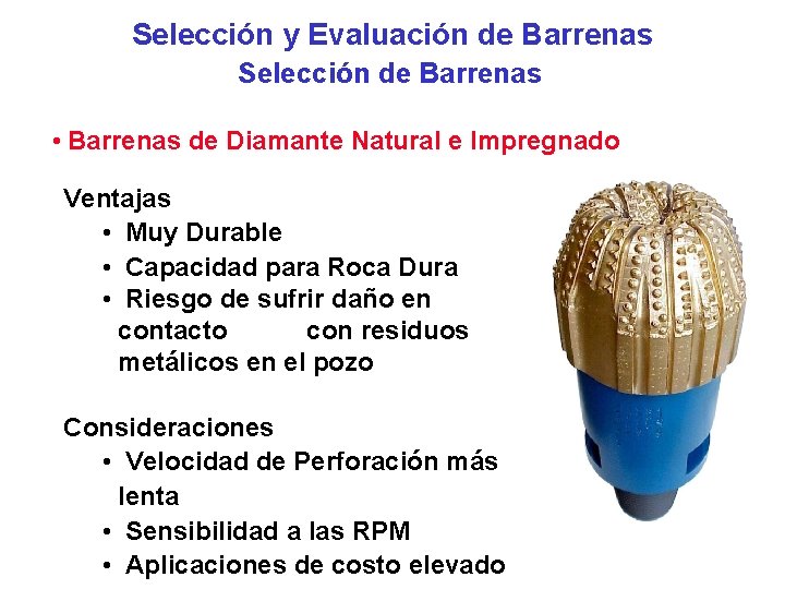 Selección y Evaluación de Barrenas Selección de Barrenas • Barrenas de Diamante Natural e