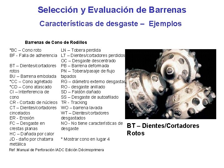 Selección y Evaluación de Barrenas Características de desgaste – Ejemplos Barrenas de Cono de