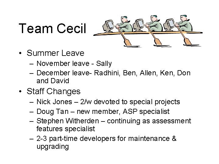 Team Cecil • Summer Leave – November leave - Sally – December leave- Radhini,