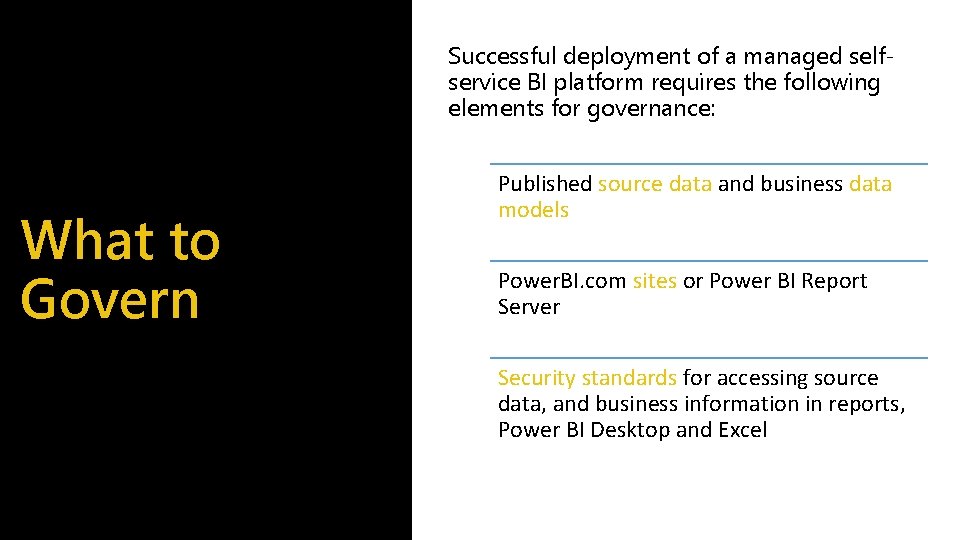 Successful deployment of a managed selfservice BI platform requires the following elements for governance: