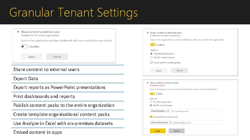 Granular Tenant Settings Share content to external users Export Data Export reports as Power.