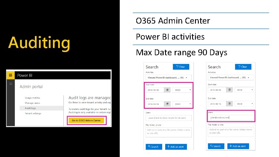 O 365 Admin Center Auditing Power BI activities Max Date range 90 Days 