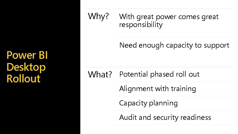 Why? Power BI Desktop Rollout With great power comes great responsibility Need enough capacity