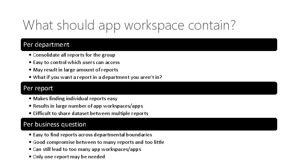 What should app workspace contain? Per department • Consolidate all reports for the group