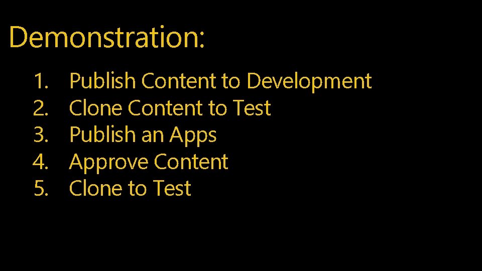 Demonstration: 1. 2. 3. 4. 5. Publish Content to Development Clone Content to Test