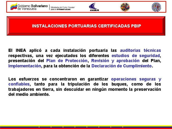 INSTALACIONES PORTUARIAS CERTIFICADAS PBIP El INEA aplicó a cada instalación portuaria las auditorias técnicas