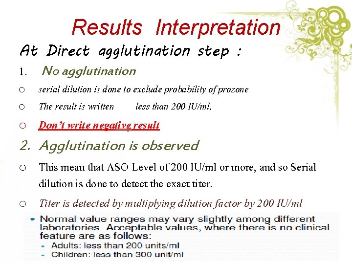 Results Interpretation At Direct agglutination step : 1. No agglutination o o serial dilution