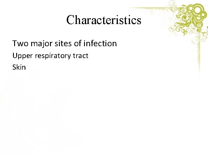 Characteristics Two major sites of infection Upper respiratory tract Skin 