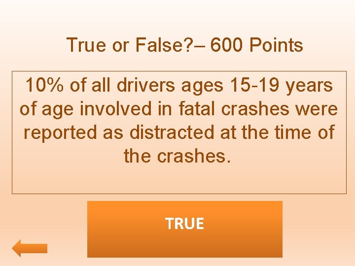 True or False? – 600 Points 10% of all drivers ages 15 -19 years