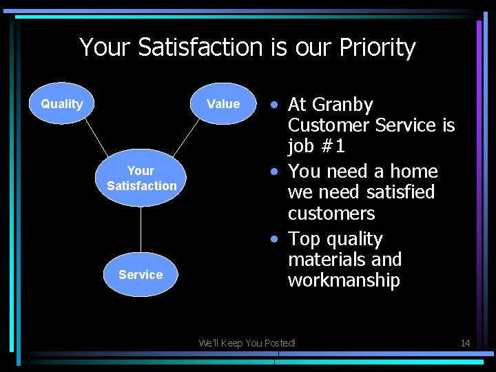 Your Satisfaction is our Priority Quality Value Your Satisfaction Service • At Granby Customer