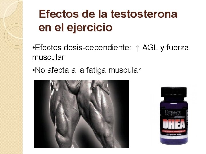 Efectos de la testosterona en el ejercicio • Efectos dosis-dependiente: ↑ AGL y fuerza