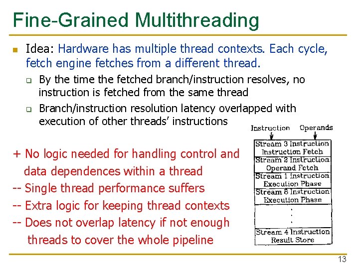 Fine-Grained Multithreading n Idea: Hardware has multiple thread contexts. Each cycle, fetch engine fetches