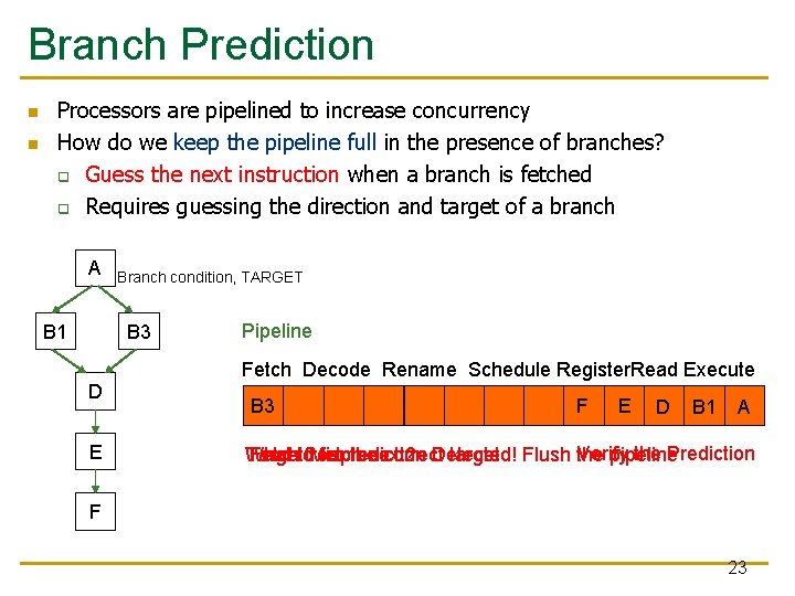 Branch Prediction n n Processors are pipelined to increase concurrency How do we keep