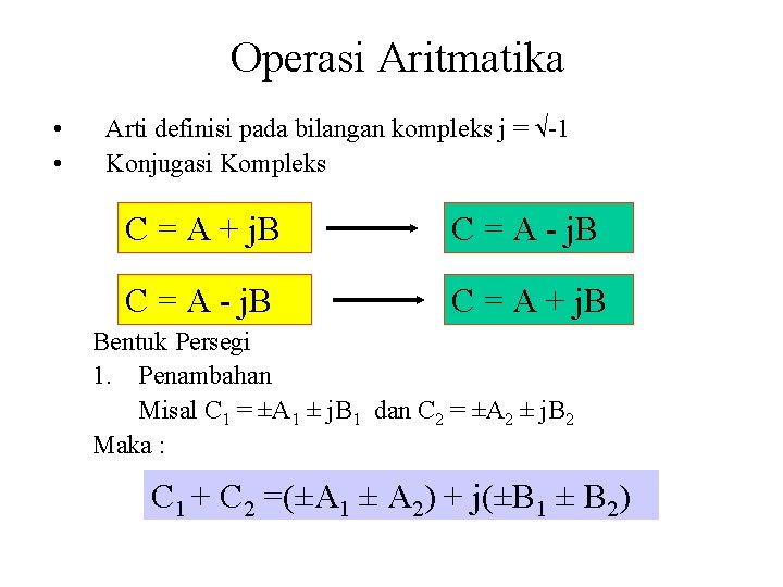 Operasi Aritmatika • • Arti definisi pada bilangan kompleks j = -1 Konjugasi Kompleks