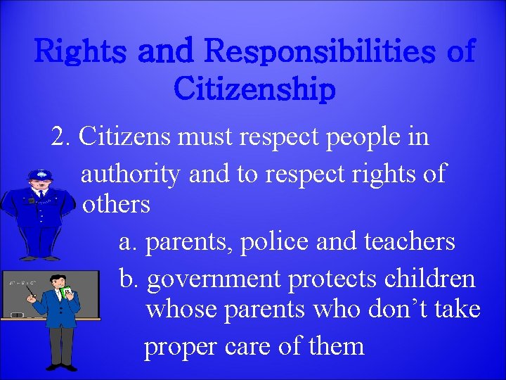 Rights and Responsibilities of Citizenship 2. Citizens must respect people in authority and to