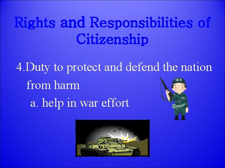 Rights and Responsibilities of Citizenship 4. Duty to protect and defend the nation from