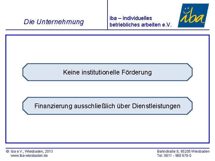 Die Unternehmung iba – individuelles betriebliches arbeiten e. V. Keine institutionelle Förderung Finanzierung ausschließlich