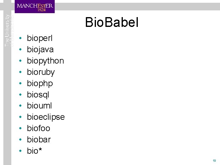 Bio. Babel • • • bioperl biojava biopython bioruby biophp biosql biouml bioeclipse biofoo