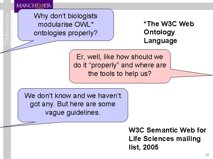 Why don’t biologists modularise OWL* ontologies properly? *The W 3 C Web Ontology Language