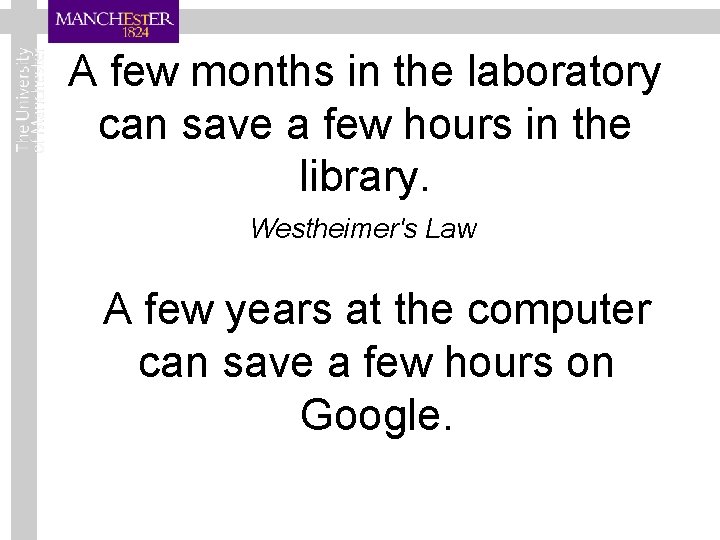 A few months in the laboratory can save a few hours in the library.