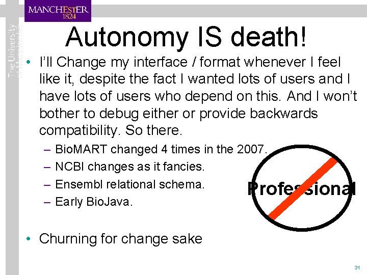 Autonomy IS death! • I’ll Change my interface / format whenever I feel like