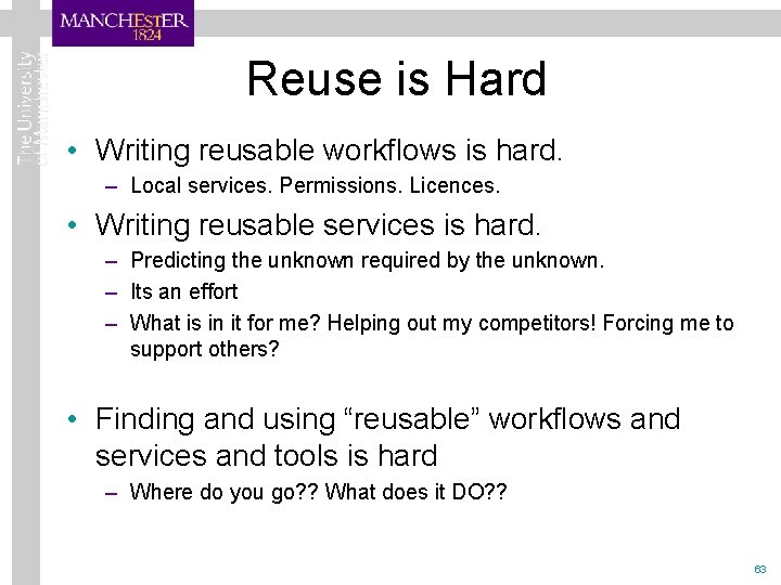 Reuse is Hard • Writing reusable workflows is hard. – Local services. Permissions. Licences.