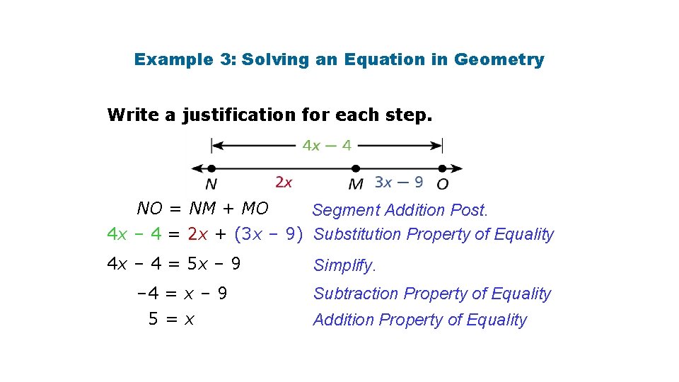 Example 3: Solving an Equation in Geometry Write a justification for each step. NO