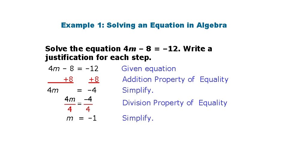 Example 1: Solving an Equation in Algebra Solve the equation 4 m – 8