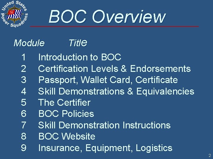 BOC Overview Module Title 1 Introduction to BOC 2 Certification Levels & Endorsements 3