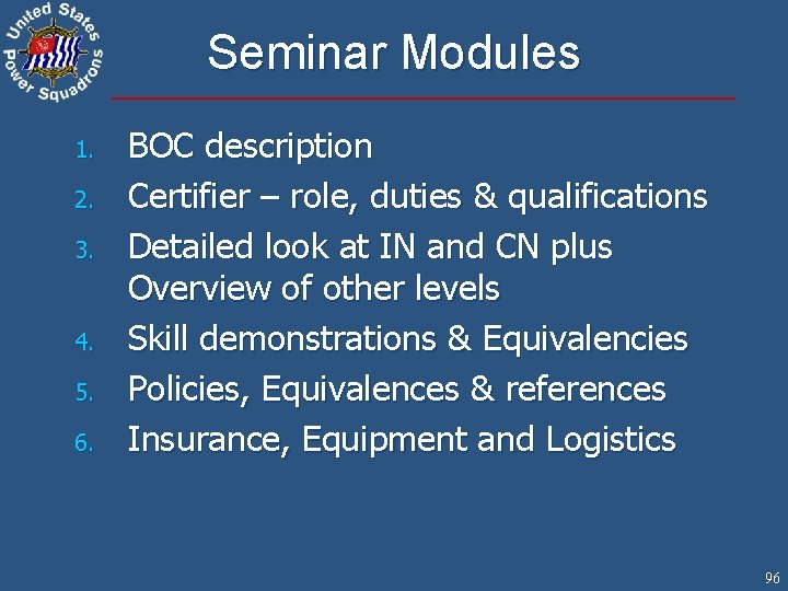 Seminar Modules 1. 2. 3. 4. 5. 6. BOC description Certifier – role, duties