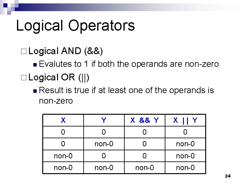 Logical Operators ¨ Logical n Evalutes to 1 if both the operands are non-zero