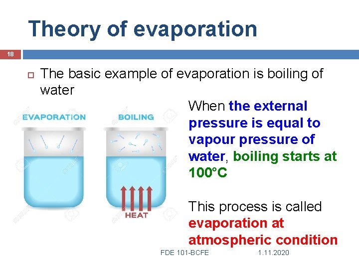 Theory of evaporation 18 The basic example of evaporation is boiling of water When