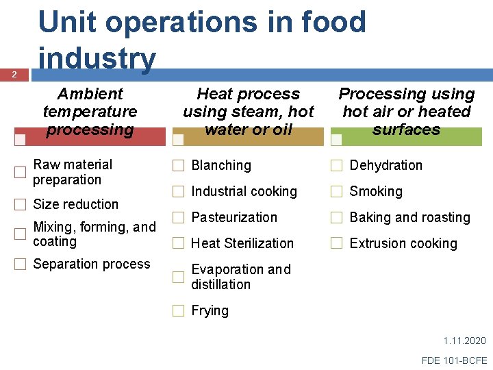 2 Unit operations in food industry Ambient temperature processing Raw material preparation Size reduction