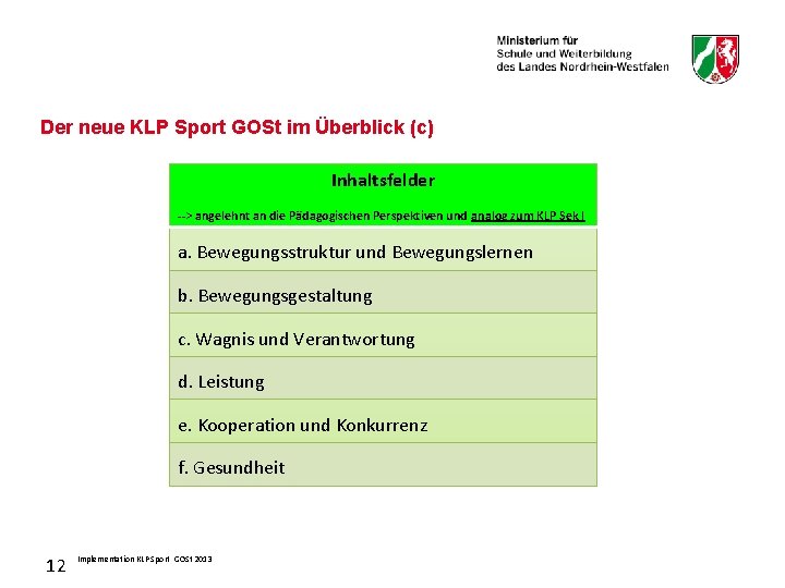 Der neue KLP Sport GOSt im Überblick (c) Inhaltsfelder --> angelehnt an die Pädagogischen
