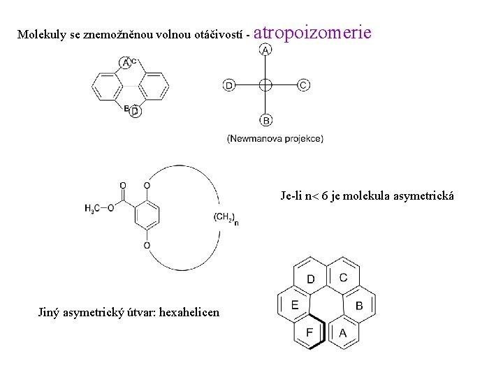 Molekuly se znemožněnou volnou otáčivostí - atropoizomerie Je-li n 6 je molekula asymetrická Jiný
