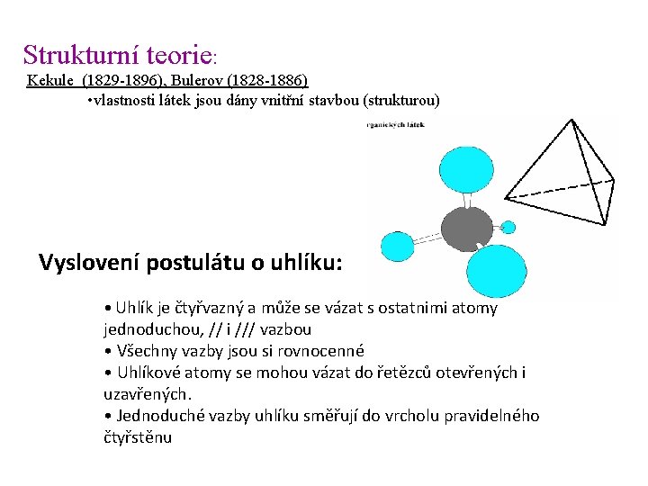 Strukturní teorie: Kekule (1829 -1896), Bulerov (1828 -1886) • vlastnosti látek jsou dány vnitřní