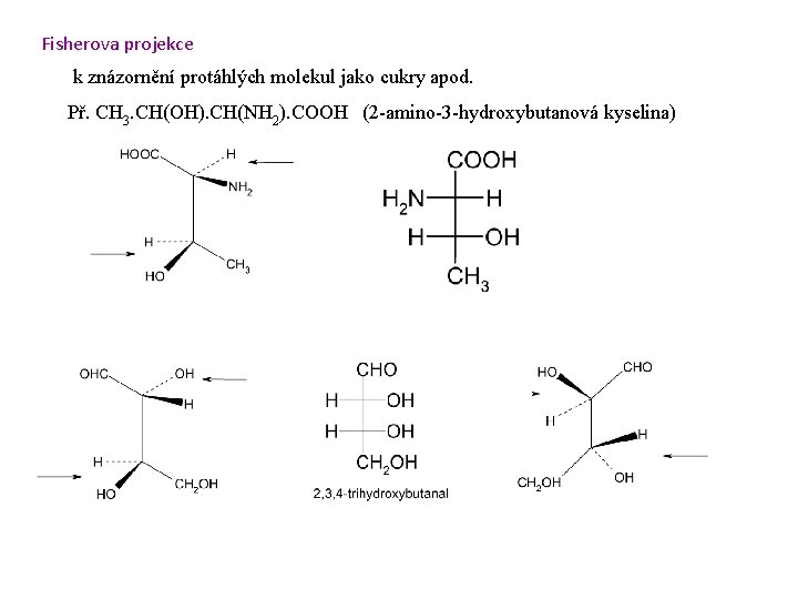 Fisherova projekce k znázornění protáhlých molekul jako cukry apod. Př. CH 3. CH(OH). CH(NH
