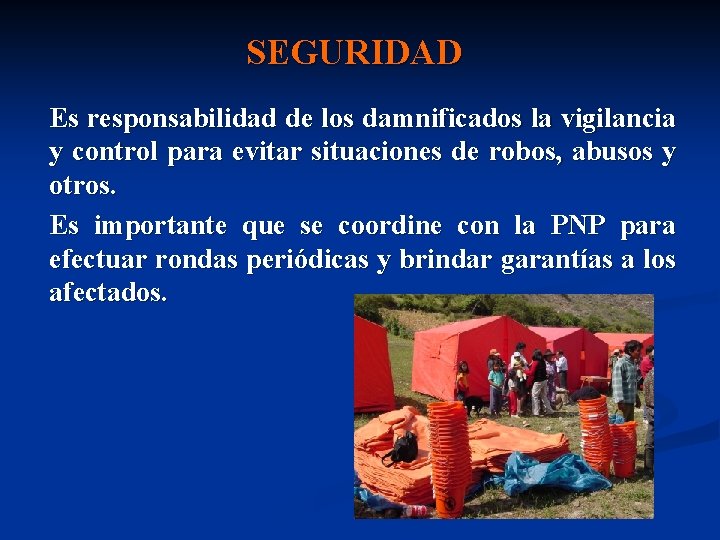 SEGURIDAD Es responsabilidad de los damnificados la vigilancia y control para evitar situaciones de