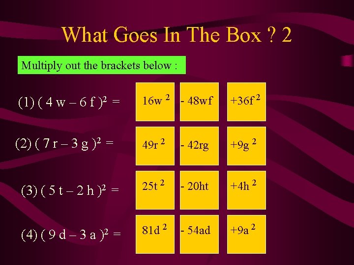 What Goes In The Box ? 2 Multiply out the brackets below : (1)